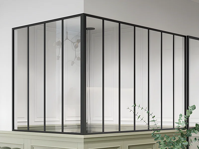 Vetrata angolare L210 x L120 x H130 in Alluminio termolaccato Stile atelier Nero - BAYVIEW