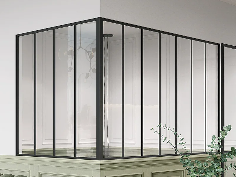 Glazen hoekbinnenraam met industriële stijl van gepoedercoat aluminium – L210 x L120 x H130 – Zwart – BAYVIEW