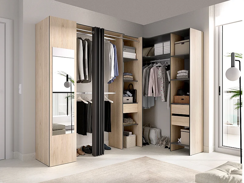 Dressing d'angle avec rideau et 1 porte - Avec miroir - L231 cm - Coloris : Naturel et anthracite - BERTRAND