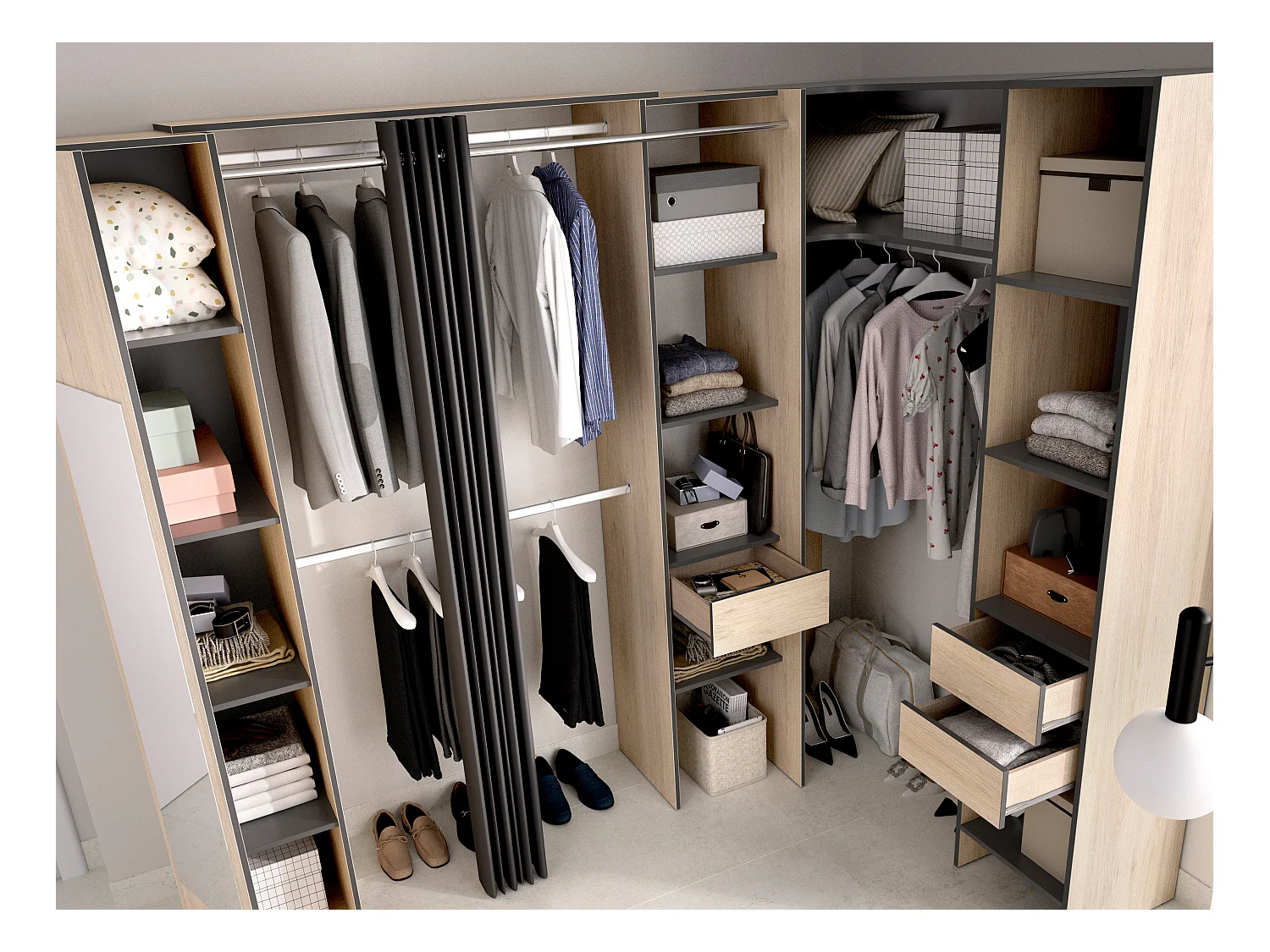 Roupeiro de canto com cortina e 1 porta, com espelho, C231 cm, cor natural e antracite - BERTRAND