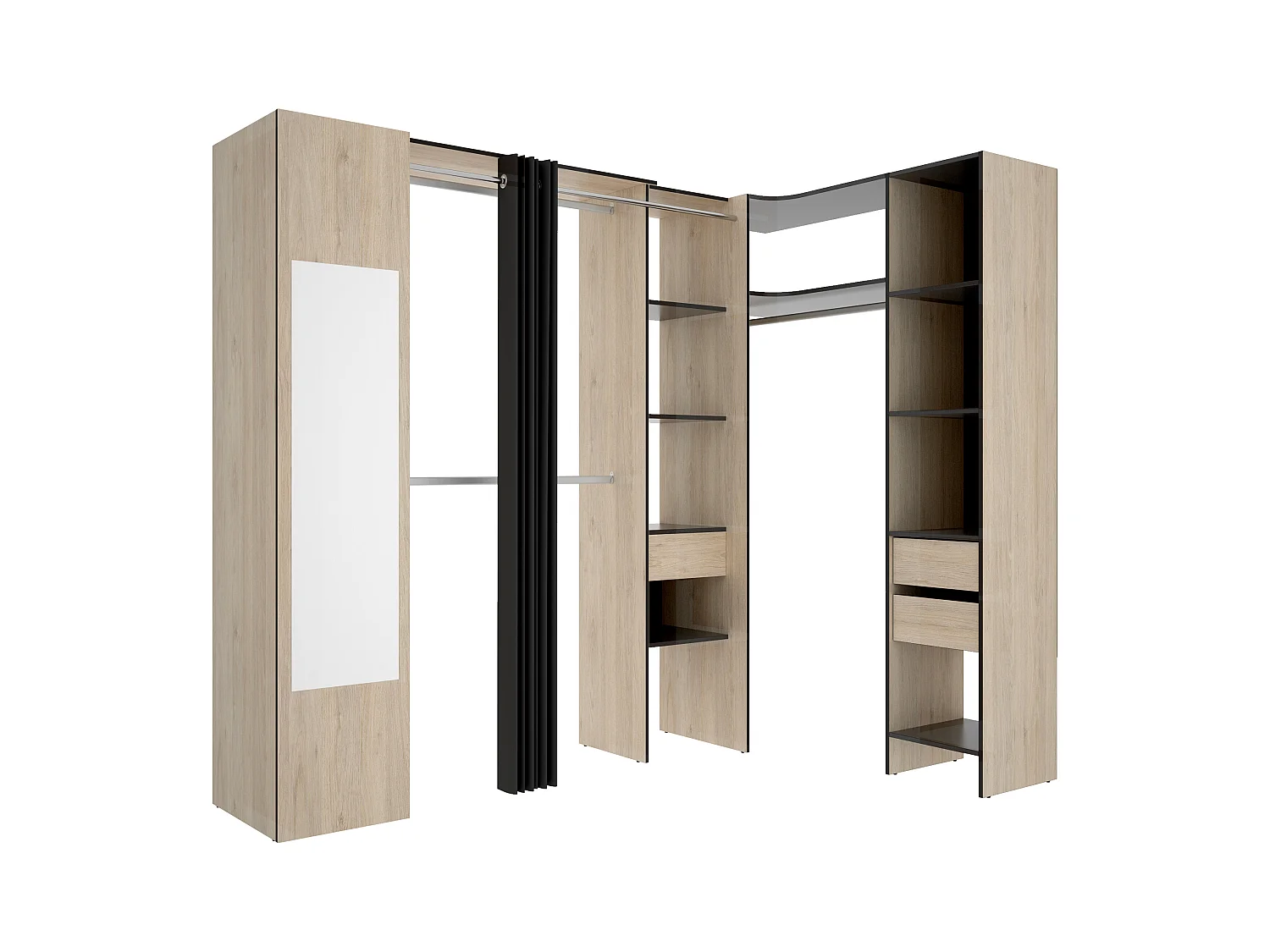Roupeiro de canto com cortina e 1 porta, com espelho, C231 cm, cor natural e antracite - BERTRAND
