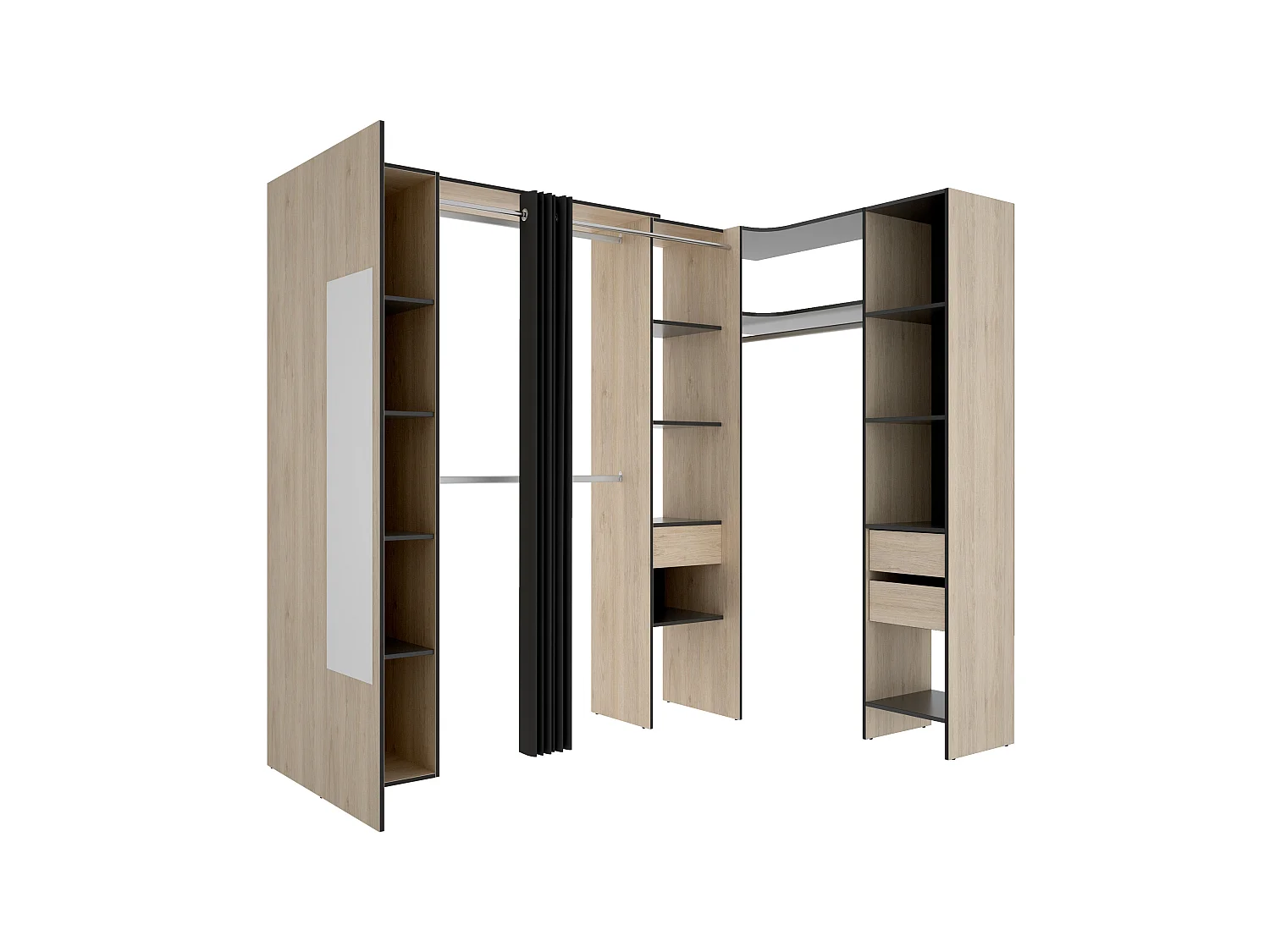 Roupeiro de canto com cortina e 1 porta, com espelho, C231 cm, cor natural e antracite - BERTRAND