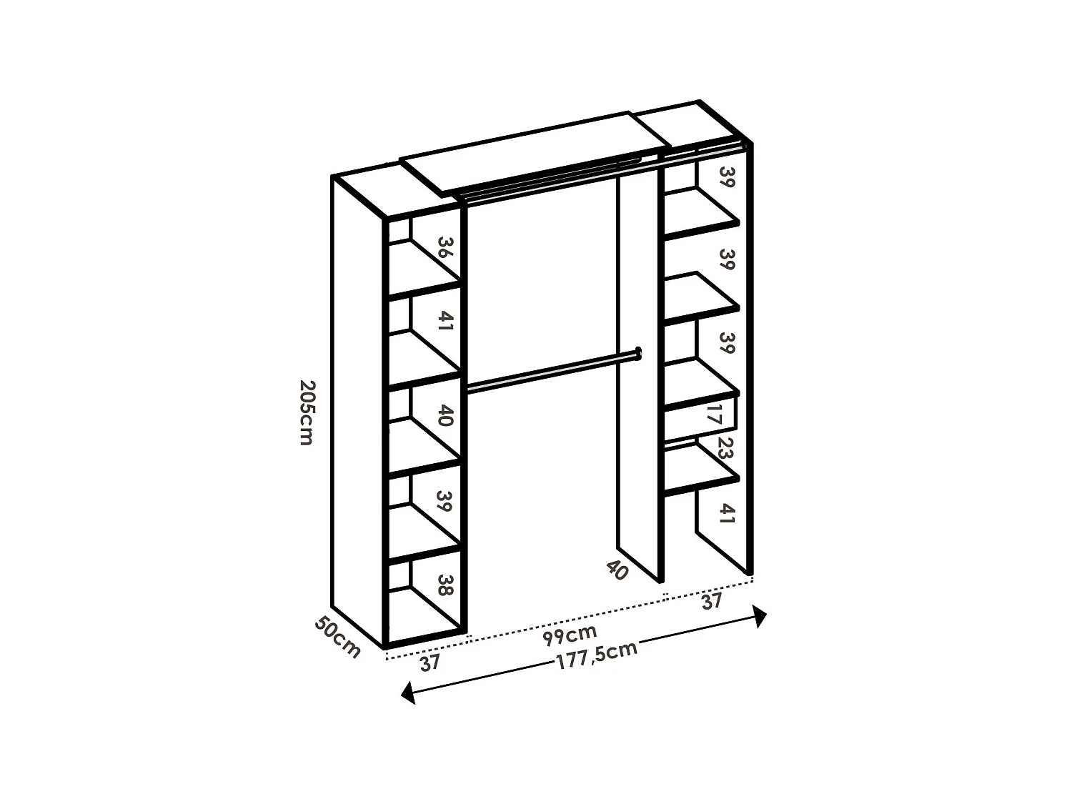 Roupeiro de canto com cortina e 1 porta, com espelho, C231 cm, cor natural e antracite - BERTRAND