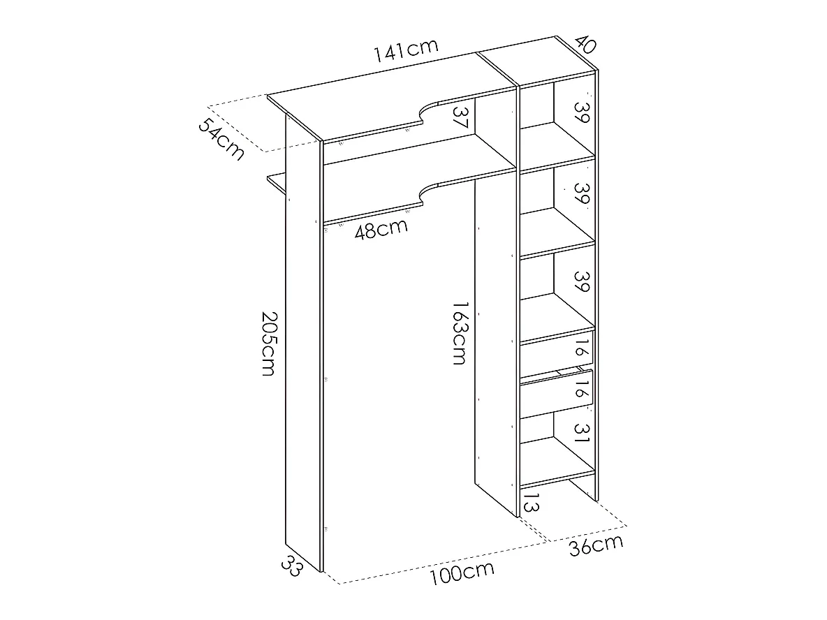 Roupeiro de canto com cortina e 1 porta, com espelho, C231 cm, cor natural e antracite - BERTRAND