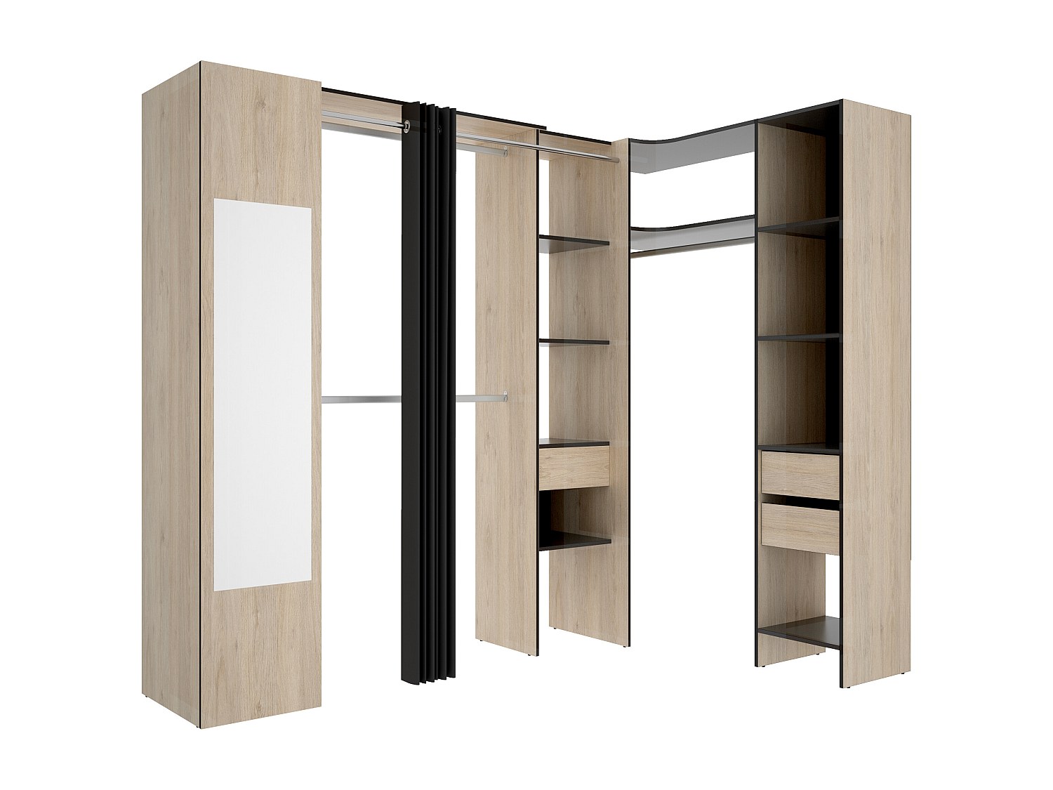 Eckkleiderschrank mit Vorhang & 1 Tür - Mit Spiegel - 231 cm - Holzfarben & günstig online kaufen