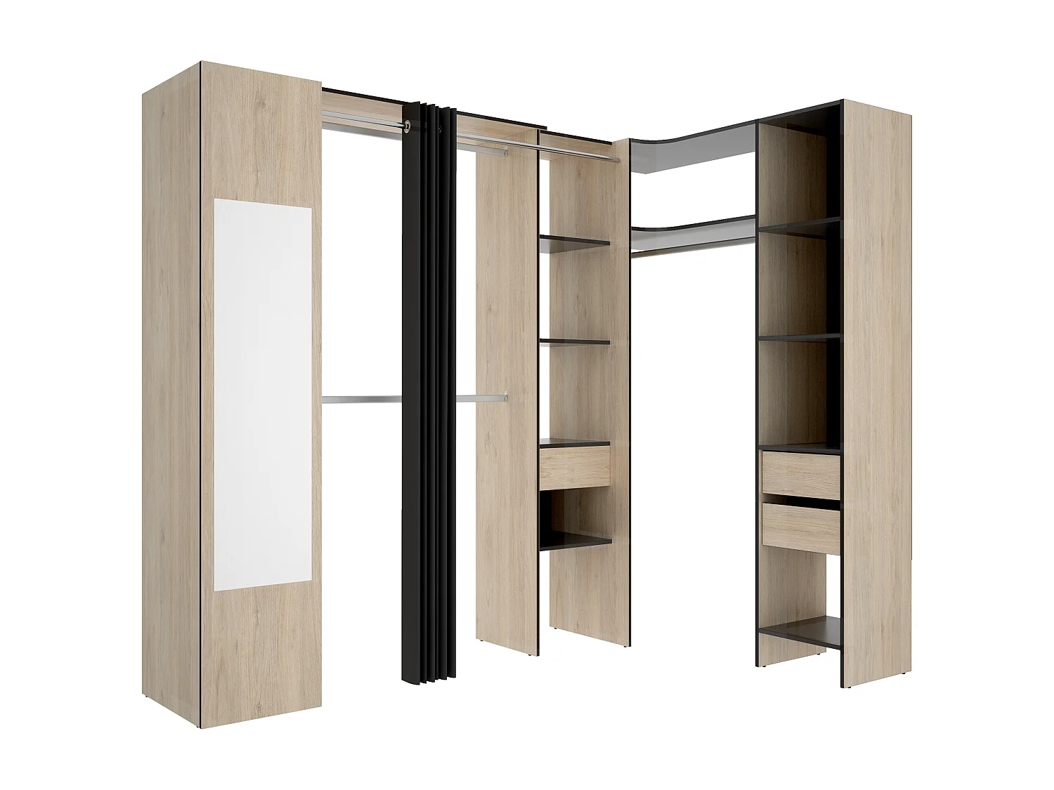 Garderoba narożna z zasłoną i 1 drzwiami - Z lustrem - szer. 231 cm - Kolor: Naturalny i antracytowy - BERTRAND