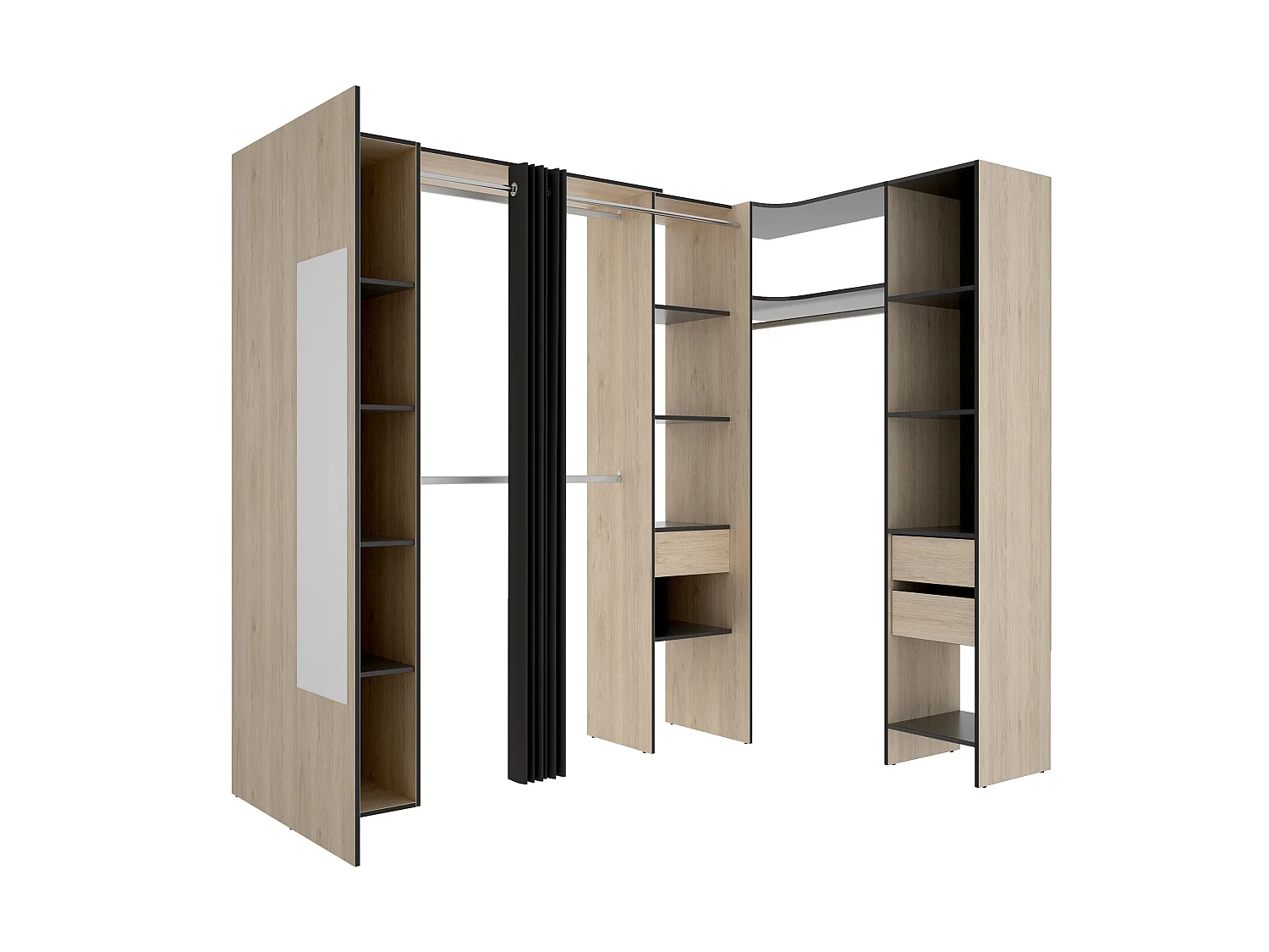 Garderoba narożna z zasłoną i 1 drzwiami - Z lustrem - szer. 231 cm - Kolor: Naturalny i antracytowy - BERTRAND