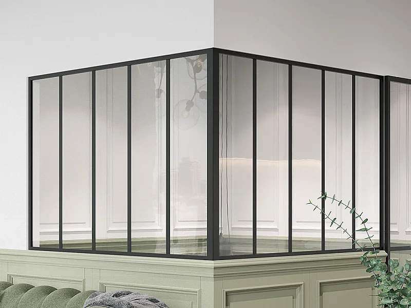 Glazen hoekbinnenraam met industriële stijl van gepoedercoat aluminium – L150 x L150 x H105 – Zwart – BAYVIEW