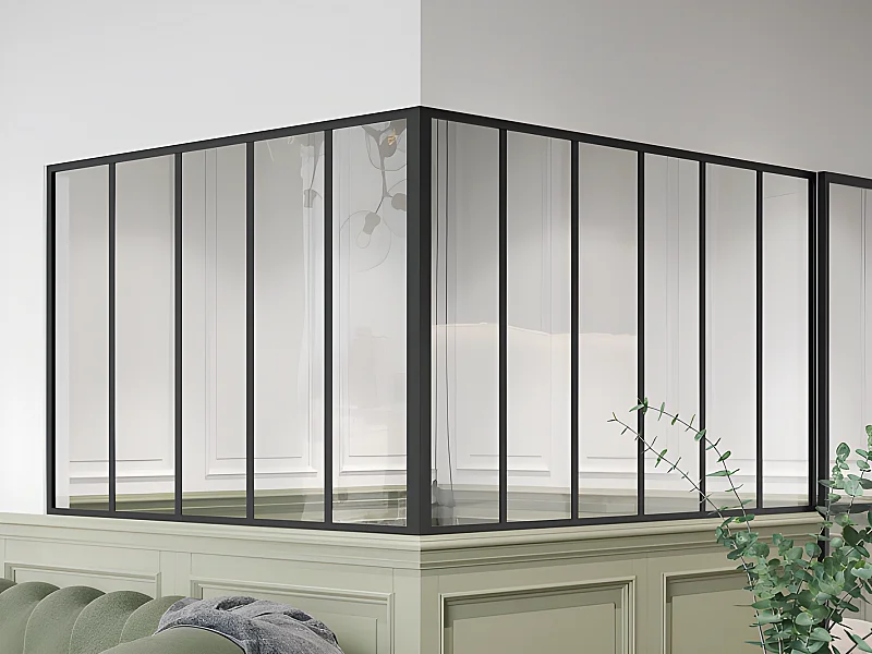 Glazen hoekbinnenraam met industriële stijl van gepoedercoat aluminium – L180 x L150 x H105 – Zwart – BAYVIEW