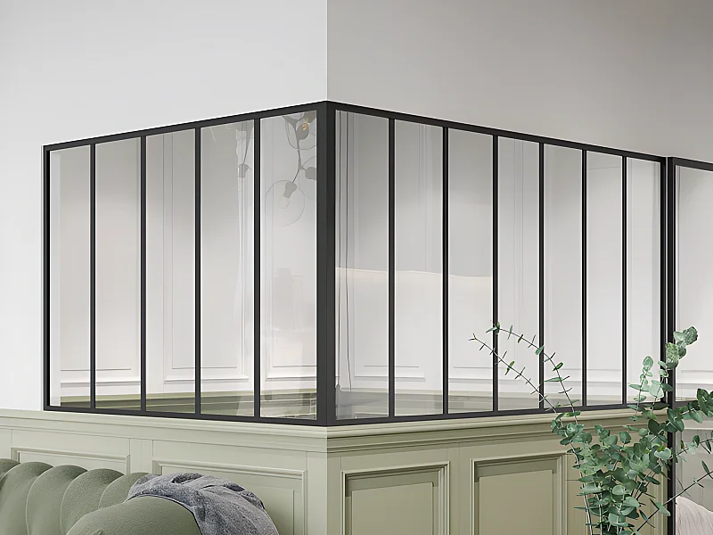 Przeszklona ścianka narożna z aluminium malowanego proszkowo - szer. 210 x szer. 150 x wys. 105 - Czarny - BAYVIEW