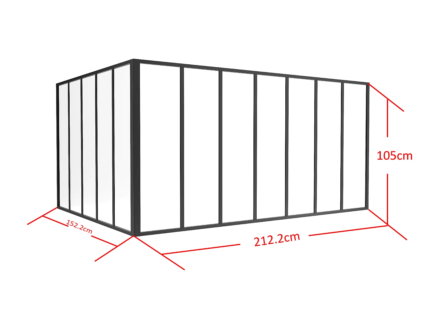 Glazen hoekbinnenraam met industriële stijl van gepoedercoat aluminium – L210 x L150 x H105 – Zwart – BAYVIEW