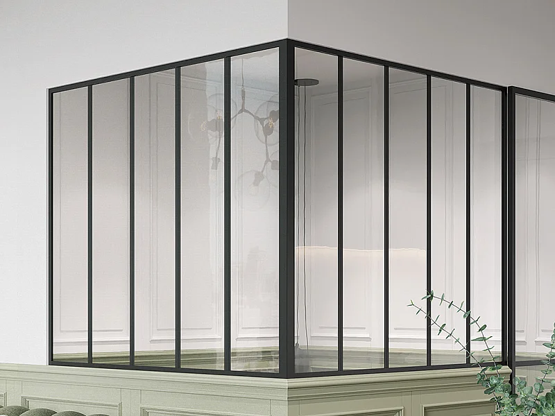 Glaswand Ecklösung - 150 x 150 x 130 cm - thermolackiertes Aluminium - Schwarz - BAYVIEW