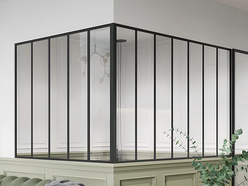 Vetrata angolare L210 x L150 x H130 in Alluminio termolaccato Stile atelier Nero - BAYVIEW