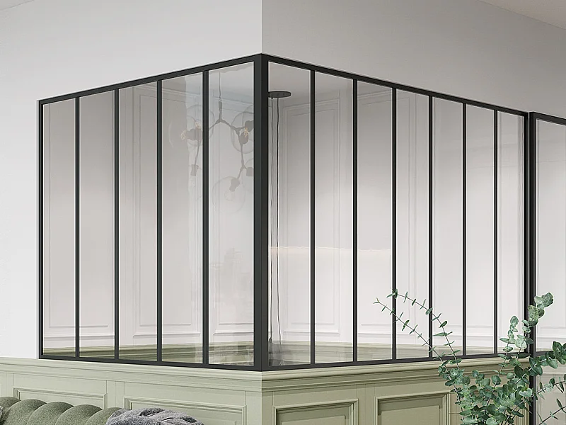 Glaswand Ecklösung - 210 x 150 x 130 cm - thermolackiertes Aluminium - Schwarz - BAYVIEW