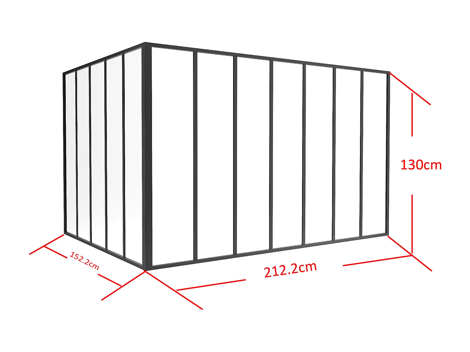 Glaswand Ecklösung - 210 x 150 x 130 cm - thermolackiertes Aluminium - Schwarz - BAYVIEW