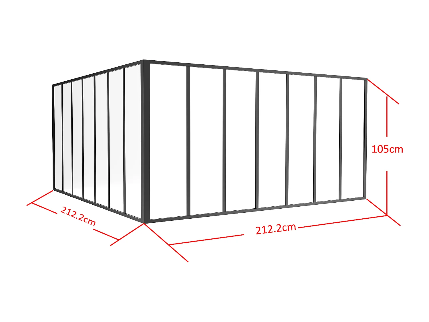 Glaswand Ecklösung - 210 x 210 x 105 cm - thermolackiertes Aluminium - Schwarz - BAYVIEW