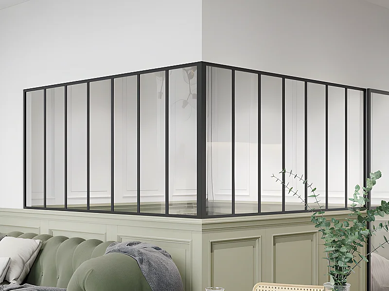 Glazen hoekbinnenraam met industriële stijl van gepoedercoat aluminium – L210 x L210 x H105 – Zwart – BAYVIEW