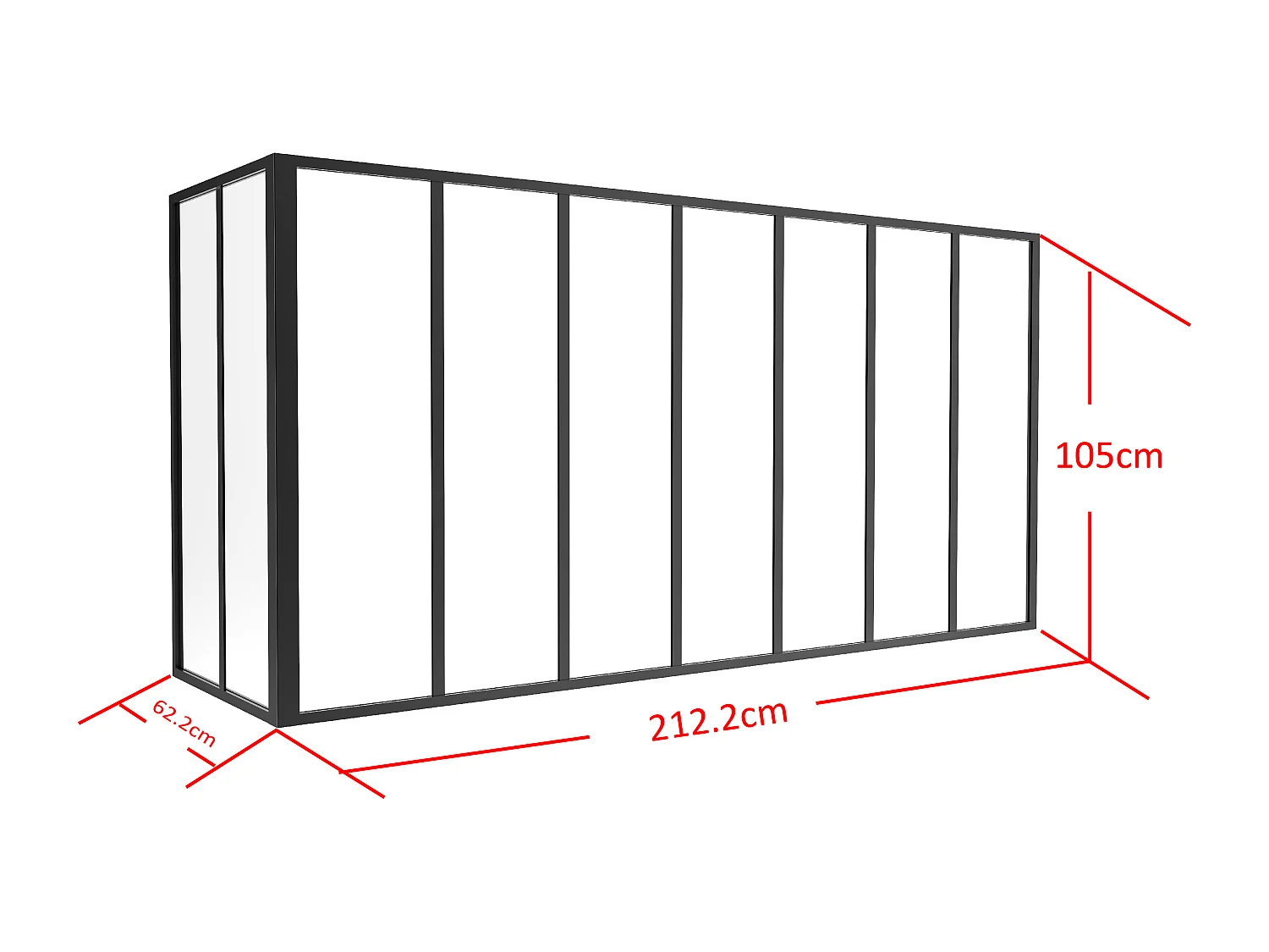 Przeszklona ścianka narożna z aluminium malowanego proszkowo - szer. 210 x szer. 60 x wys. 105 - Czarny - BAYVIEW
