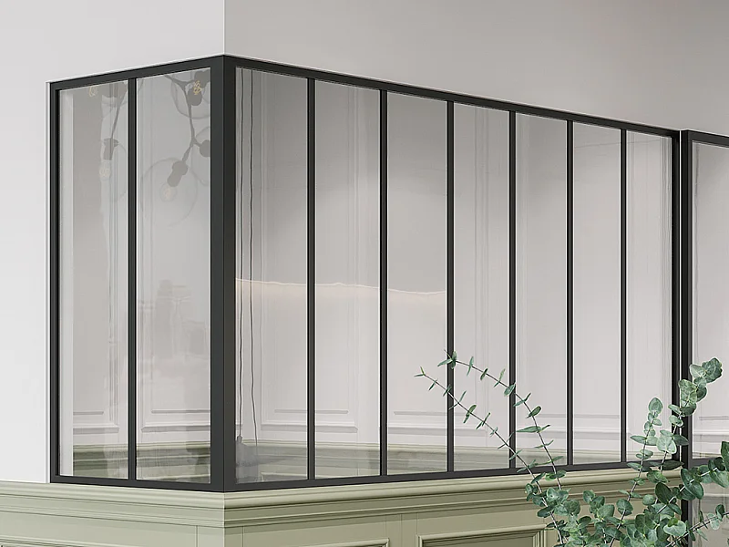 Glazen hoekbinnenraam met industriële stijl van gepoedercoat aluminium – L210 x L60 x H105 – Zwart – BAYVIEW