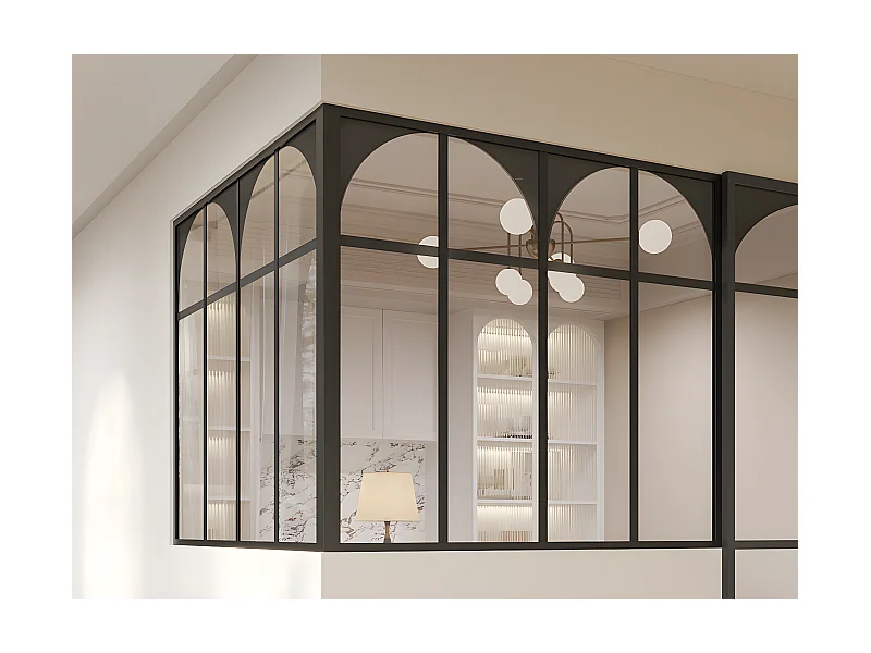 Przeszklona ścianka narożna w stylu art deco z aluminium malowanego proszkowo - szer. 120 x szer. 120 x wys. 105 - Czarny - ARCADEA