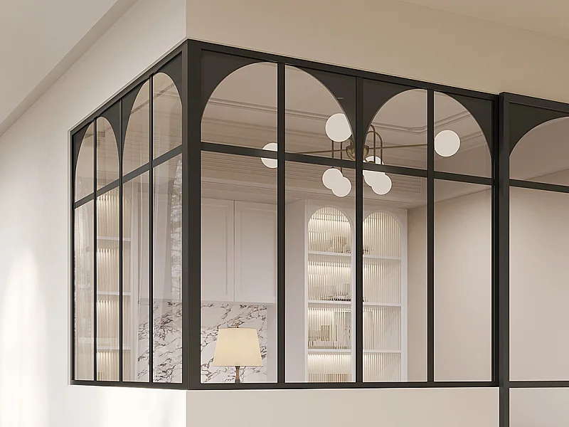 Verrière d'angle d'atelier art déco en aluminium thermolaqué - L120 x L120 x H105 - Noir - ARCADEA