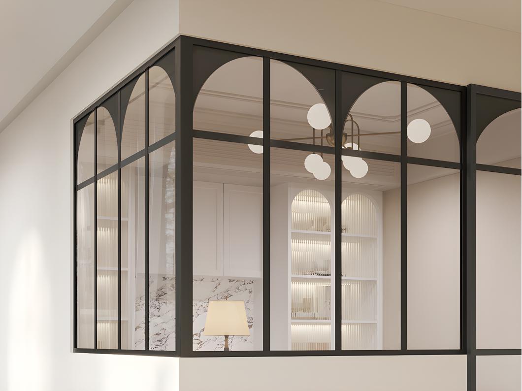 Verrière d'angle d'atelier art déco en aluminium thermolaqué - L120 x L120 x H105 - Noir - ARCADEA
