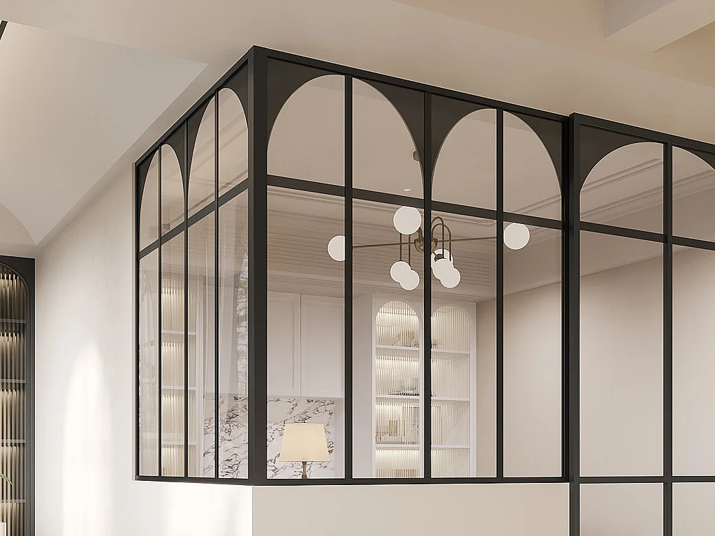 Art deco hjørneglassvegg i termolakkert aluminium - L120 x L120 x H130 - Svart - ARCADEA