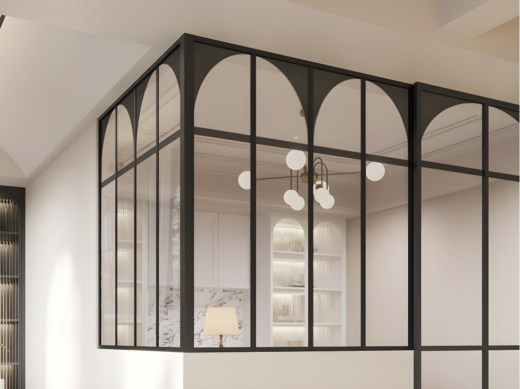 Przeszklona ścianka narożna w stylu art deco z aluminium malowanego proszkowo - szer. 120 x szer. 120 x wys. 130 - Czarny - ARCADEA