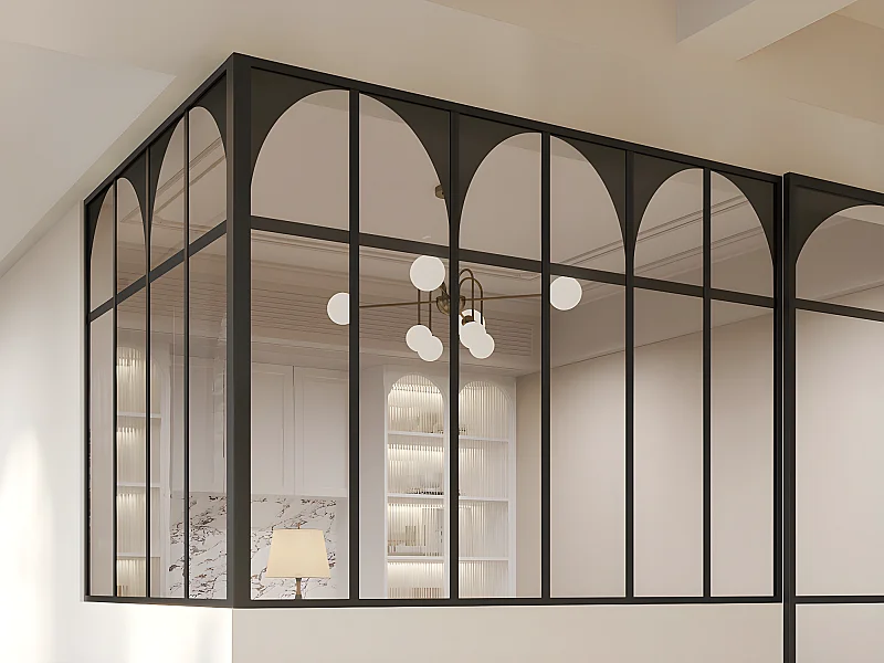 Art-Deco-Glaswand Ecklösung - 180 x 120 x 130 - thermolackiertes Aluminium - Schwarz - ARCADEA