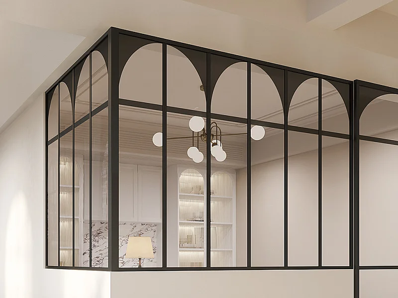 Verrière d'angle d'atelier art déco en aluminium thermolaqué - L180 x L120 x H130 - Noir - ARCADEA