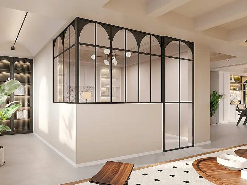 Verrière d'angle d'atelier art déco en aluminium thermolaqué - L180 x L120 x H130 - Noir - ARCADEA