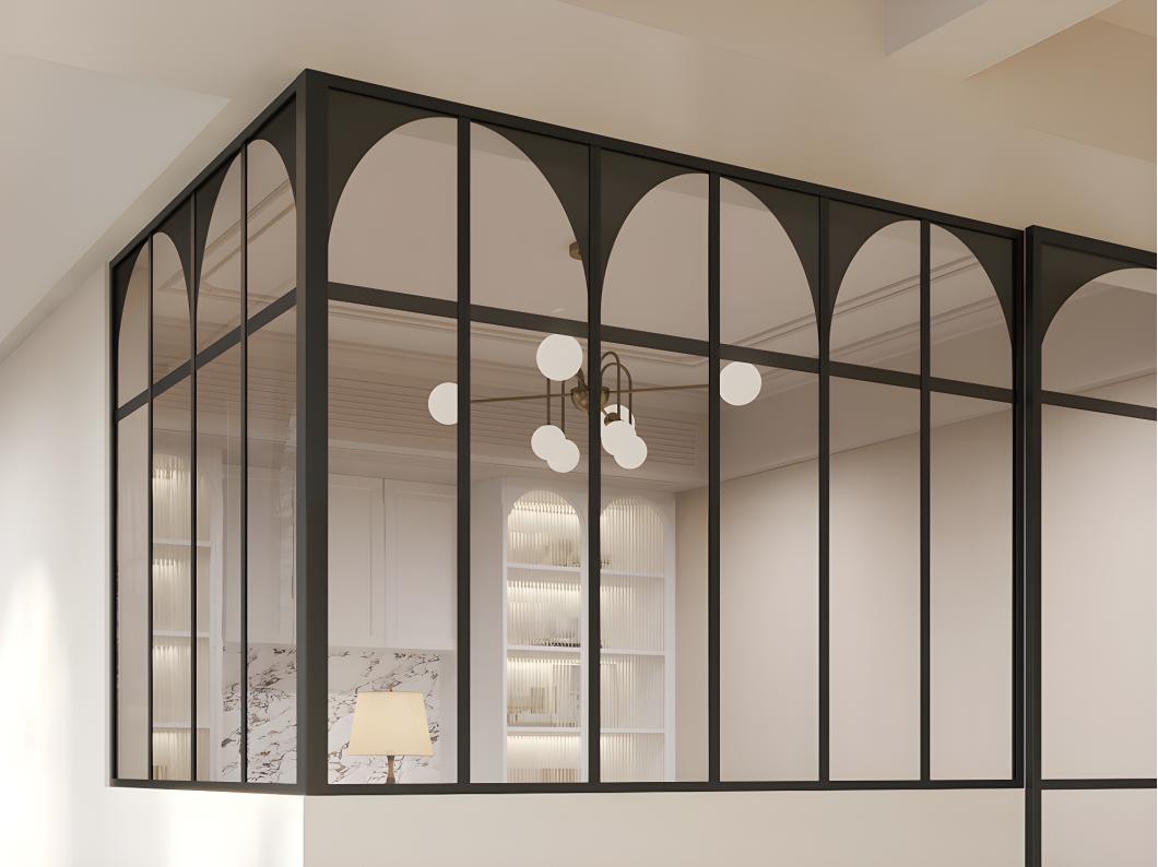 Przeszklona ścianka narożna w stylu art deco z aluminium malowanego proszkowo - szer. 180 x szer. 120 x wys. 130 - Czarny - ARCADEA