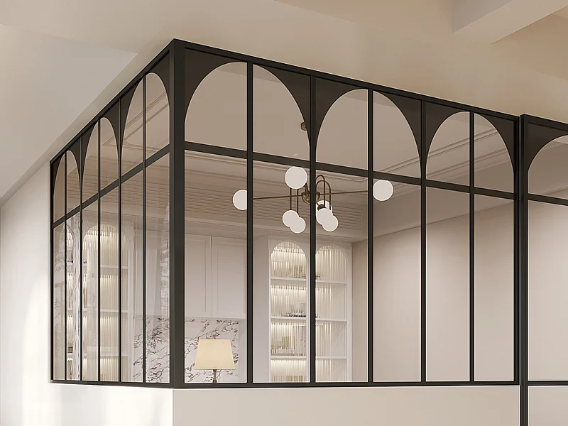 Verrière d'angle d'atelier art déco en aluminium thermolaqué - L180 x L180 x H130 - Noir - ARCADEA