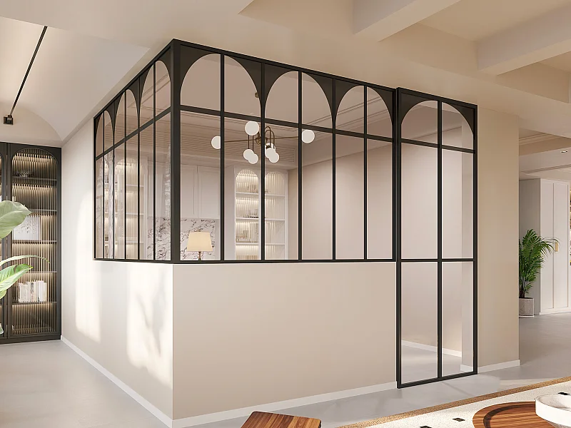 Art-Deco-Glaswand Ecklösung - 180 x 180 x 130 - thermolackiertes Aluminium - Schwarz - ARCADEA