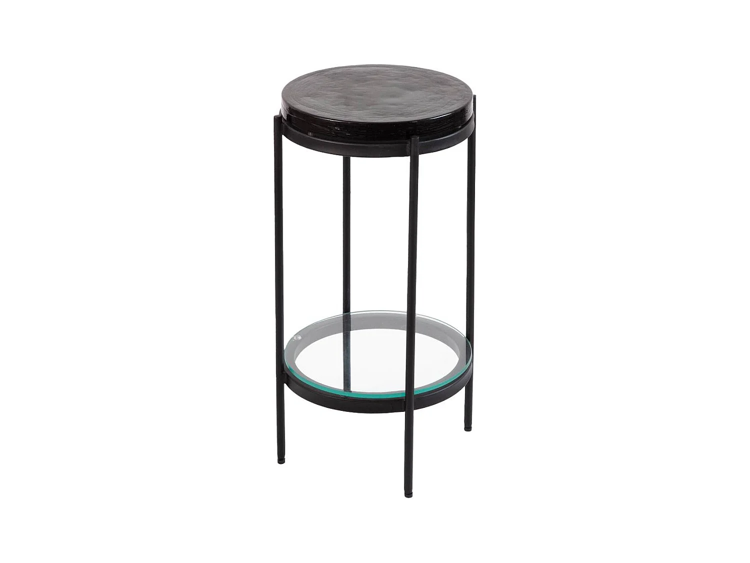 Mesa auxiliar de vidrio gris Lise con tablero depurado y base vintage de metal negro