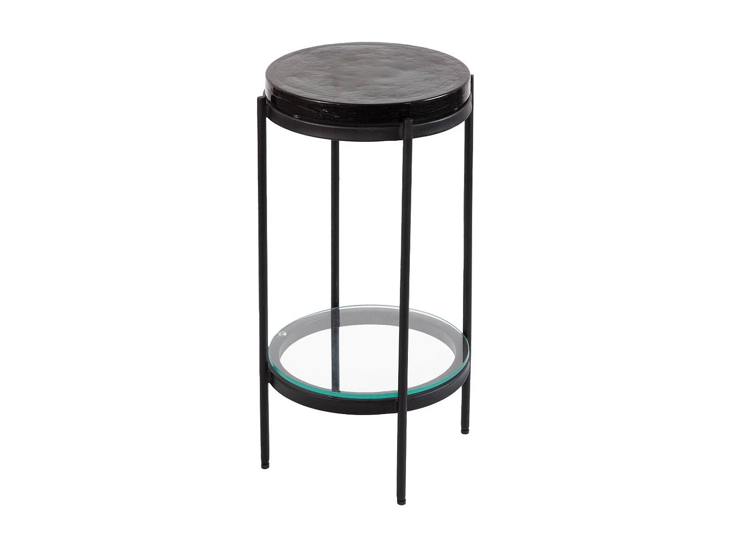 Mesa auxiliar de vidrio gris Lise con tablero depurado y base vintage de metal negro