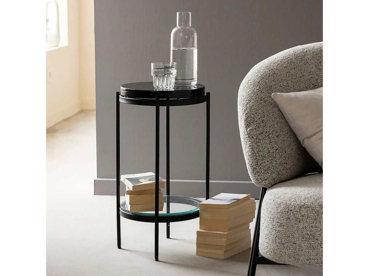 Mesa auxiliar de vidrio gris Lise con tablero depurado y base vintage de metal negro