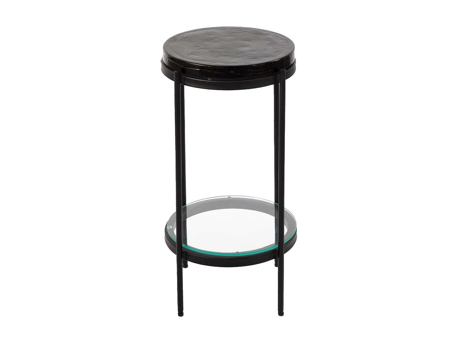 Mesa auxiliar de vidrio gris Lise con tablero depurado y base vintage de metal negro