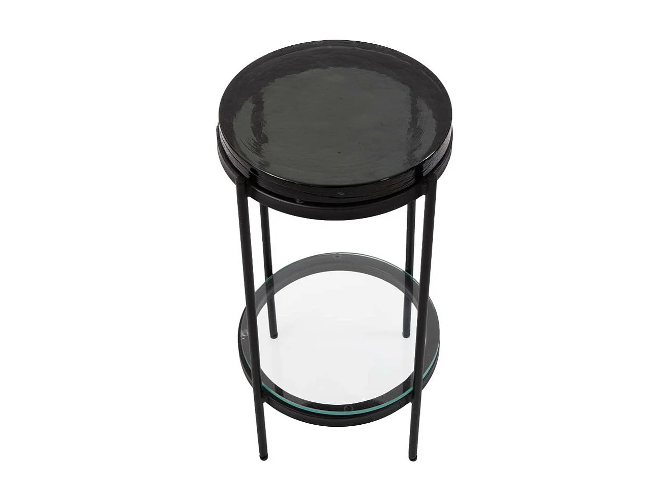 Mesa auxiliar de vidrio gris Lise con tablero depurado y base vintage de metal negro