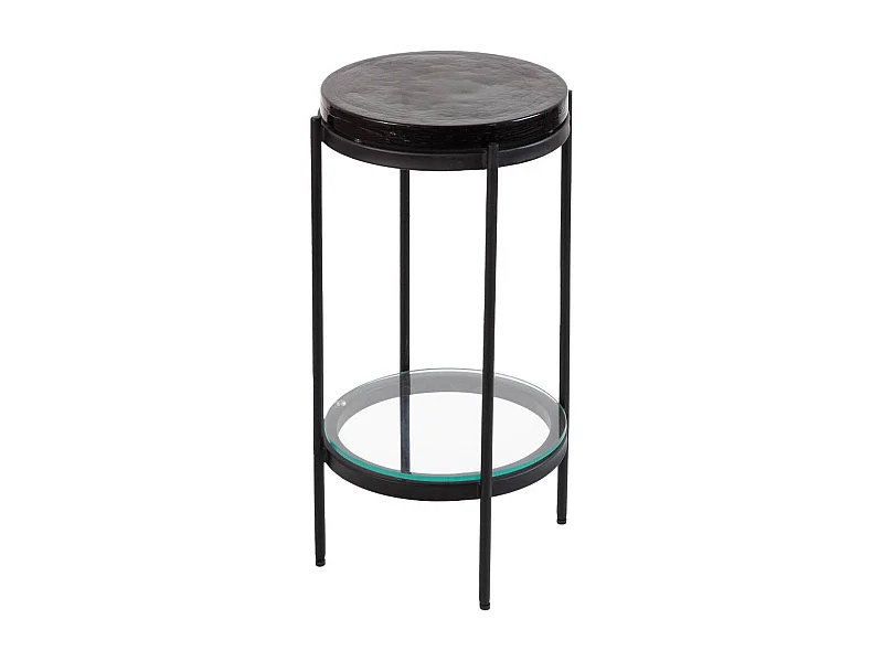 Mesa auxiliar de vidrio gris Lise con tablero depurado y base vintage de metal negro