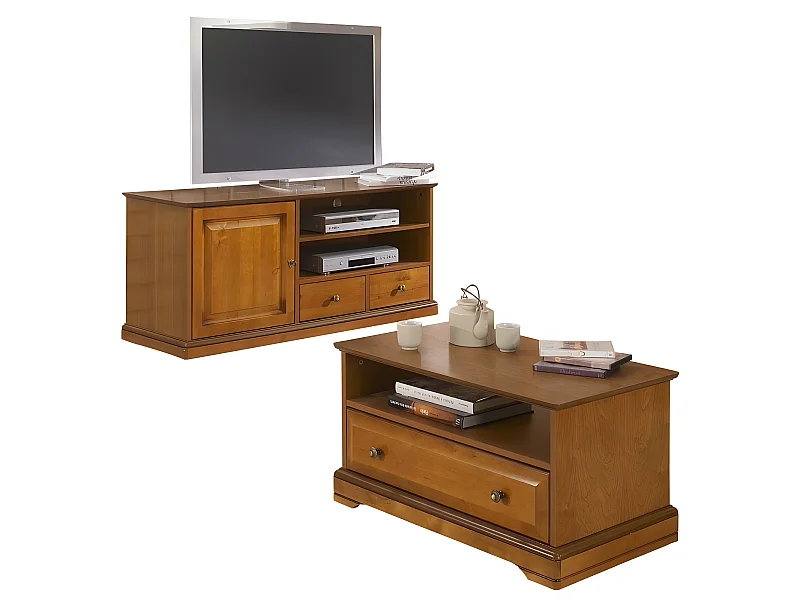 Meuble TV et Table Basse Plaqués Merisier