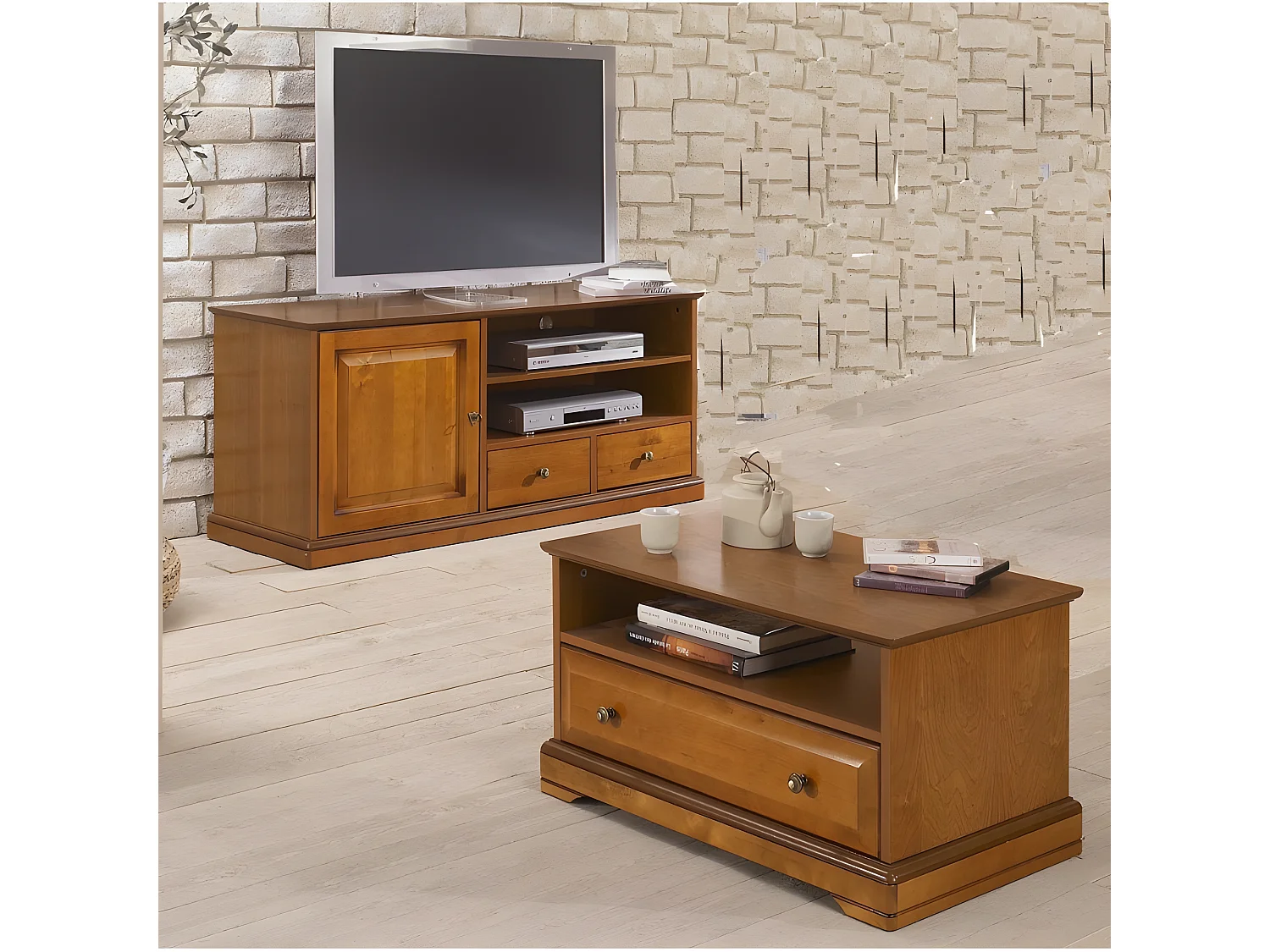 Meuble TV et Table Basse Plaqués Merisier