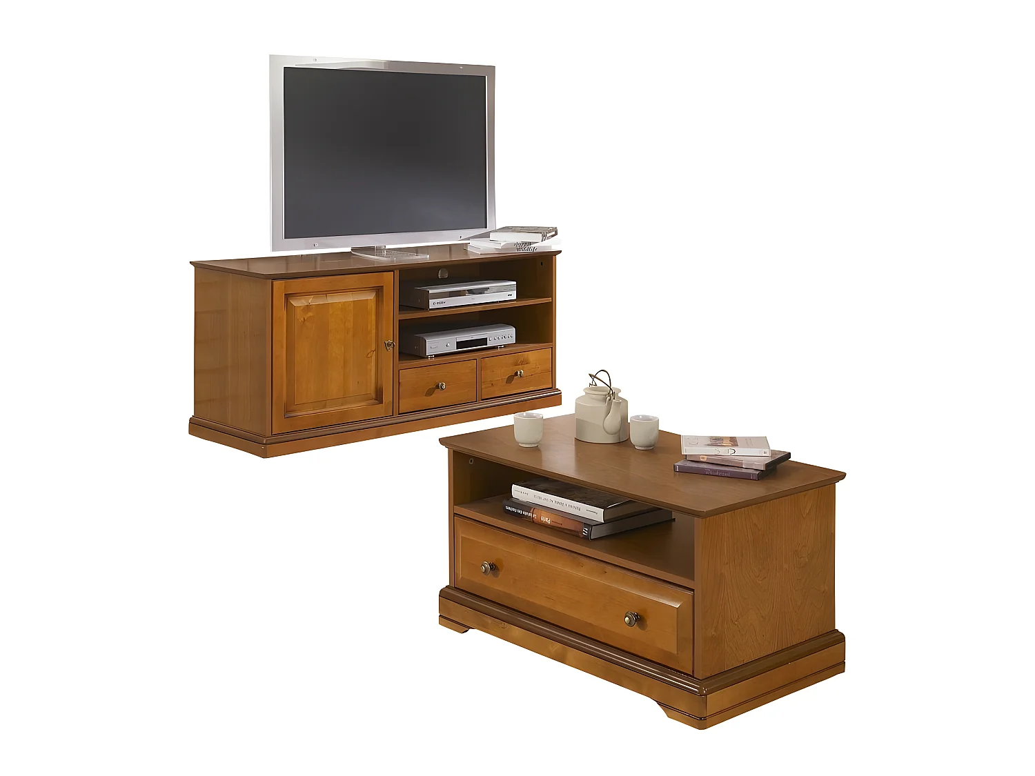 Meuble TV et Table Basse Plaqués Merisier