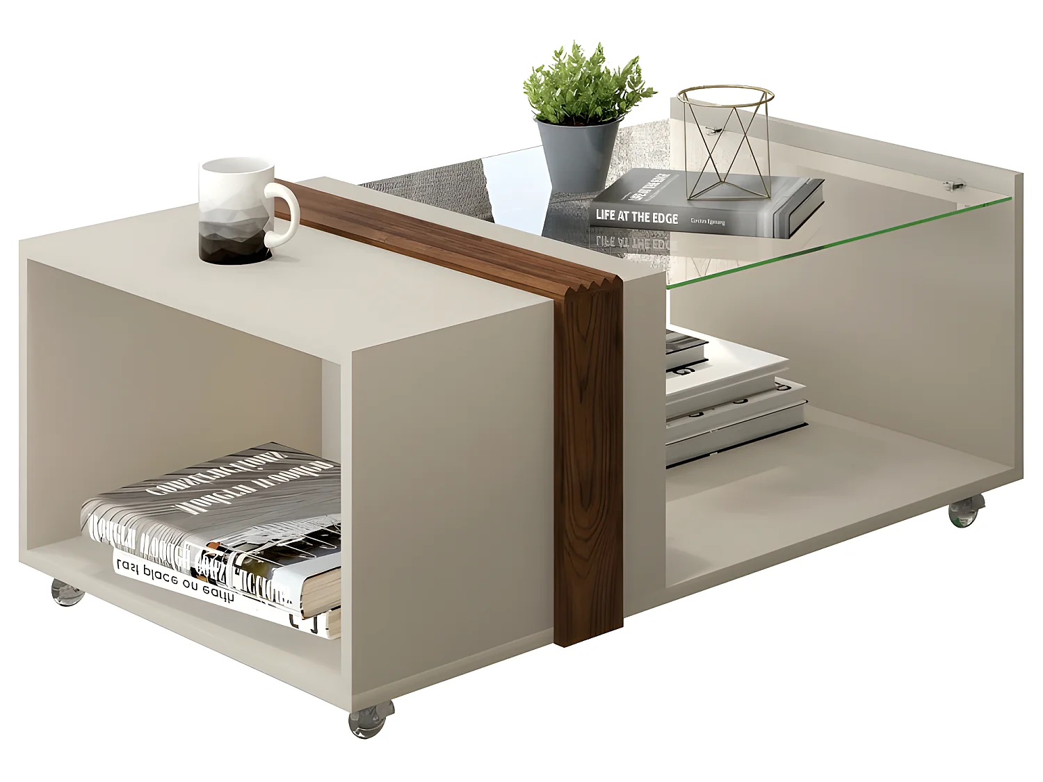 Table Basse Vitrée Blanc Ecru Wengé