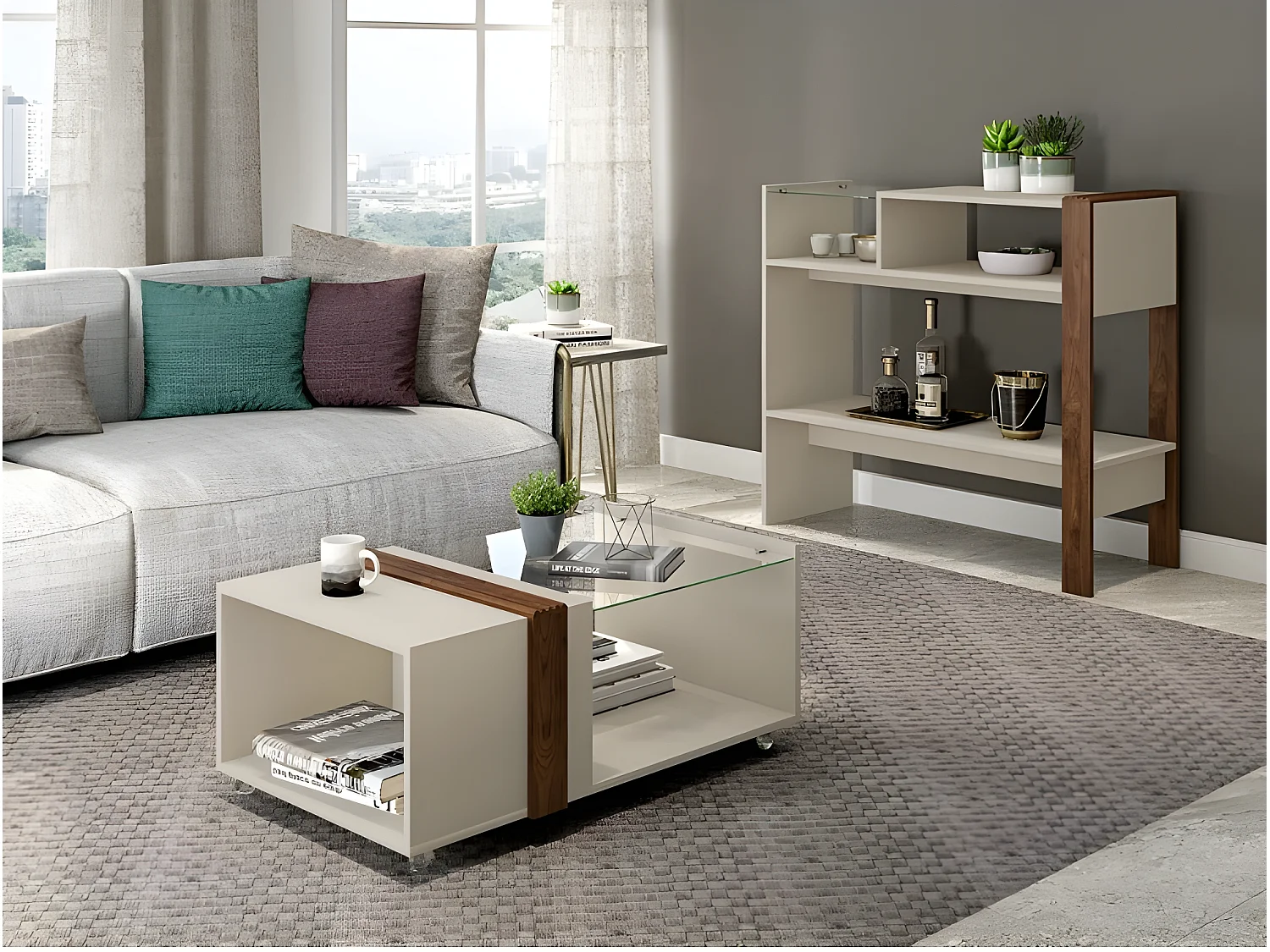 Table Basse Vitrée Blanc Ecru Wengé