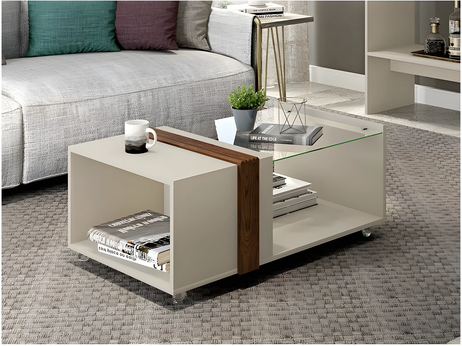 Table Basse Vitrée Blanc Ecru Wengé