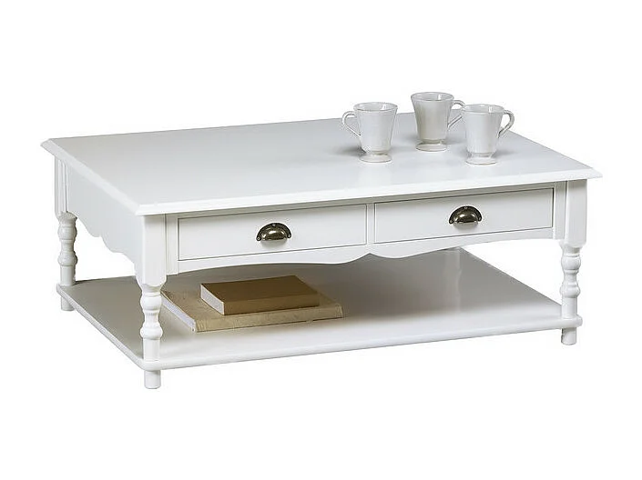 Table Basse 2 Tiroirs Blanche Style Anglais 1 Niche L 100 H 38 P 70 cm