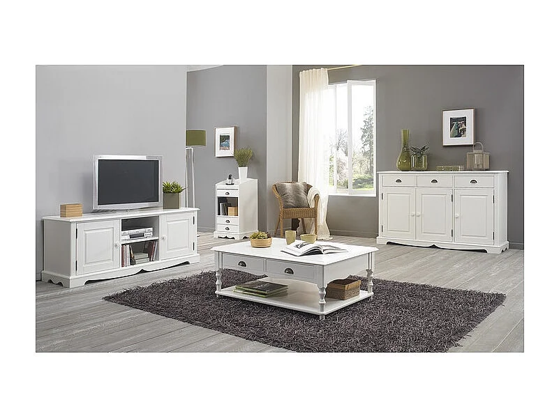 Table Basse 2 Tiroirs Blanche Style Anglais 1 Niche L 100 H 38 P 70 cm