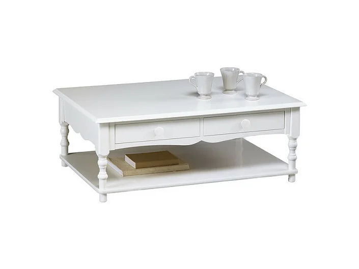 Table Basse 2 Tiroirs Blanche Style Anglais 1 Niche L 100 H 38 P 70 cm