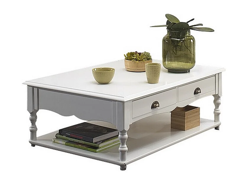 Table Basse 2 Tiroirs Blanche Style Anglais 1 Niche L 100 H 38 P 70 cm